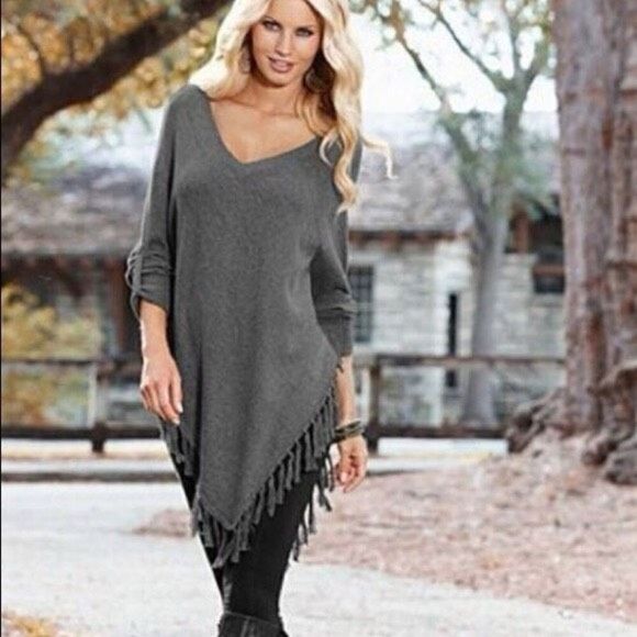 ✨VENUS Gray V-Neck Fringe Tassel Hem Button Cuff Sz S Poncho Sweater✨ - Picture 1 of 14